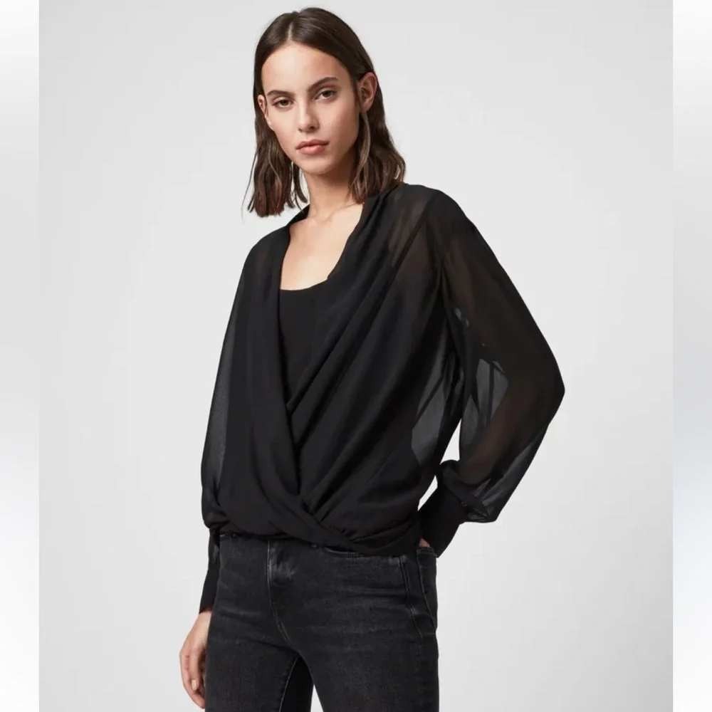 AllSaints grunge top sexy Black Sheer Mesh rock concert‎ sheer jeans top SM EUC